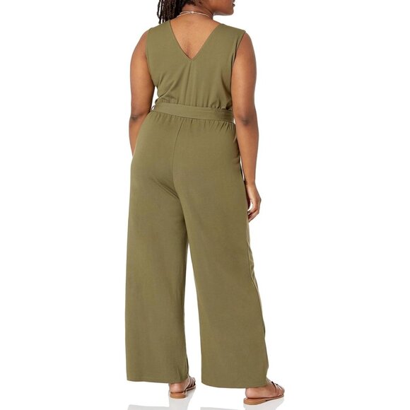 Plus Size Olive Green Sleeveless Wide-Leg Jumpsuit With Waist Tie - Picture 3 of 5